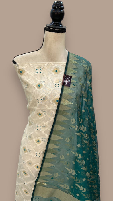 Pure Chanderi Cotton Banarasi Dress material - Chikankari With Organza Dupatta