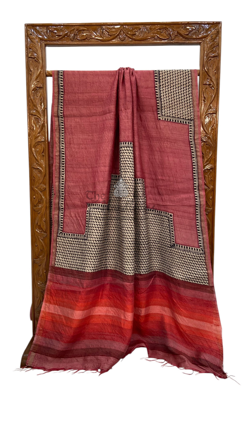 Pure Tussar Silk Handloom Banarasi Saree With Handprints - The Handlooms