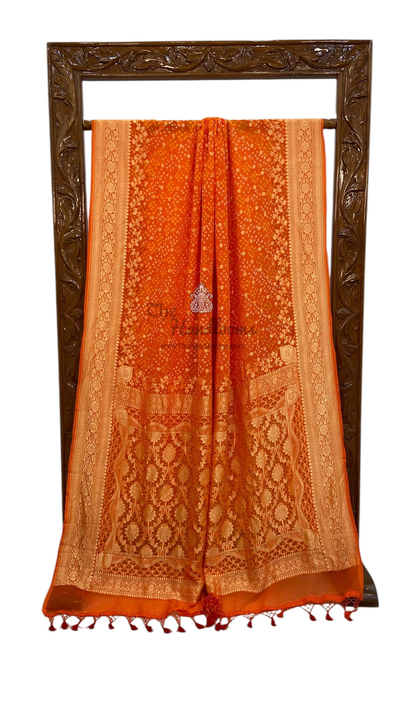 Orange Pure Georgette Banarasi Bandhej Handloom Saree - The Handlooms