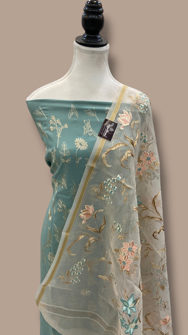 Pure Chanderi Cotton Banarasi Dress material - Chikankari With Organza Dupatta - The Handlooms