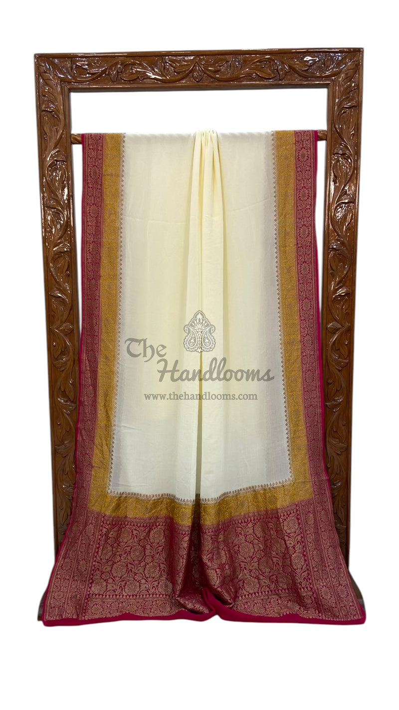 Off-white Pure Khaddi Georgette Handloom Banarasi Saree - The Handlooms