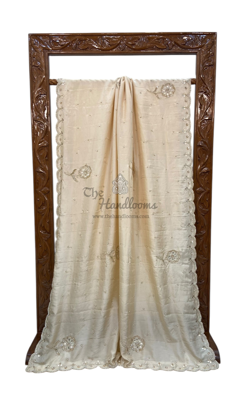 Pure katan Silk Handloom Banarasi Saree with Handwork: Zardozi, Diamond Chain, Katdana, and Abla Detailing - The Handlooms