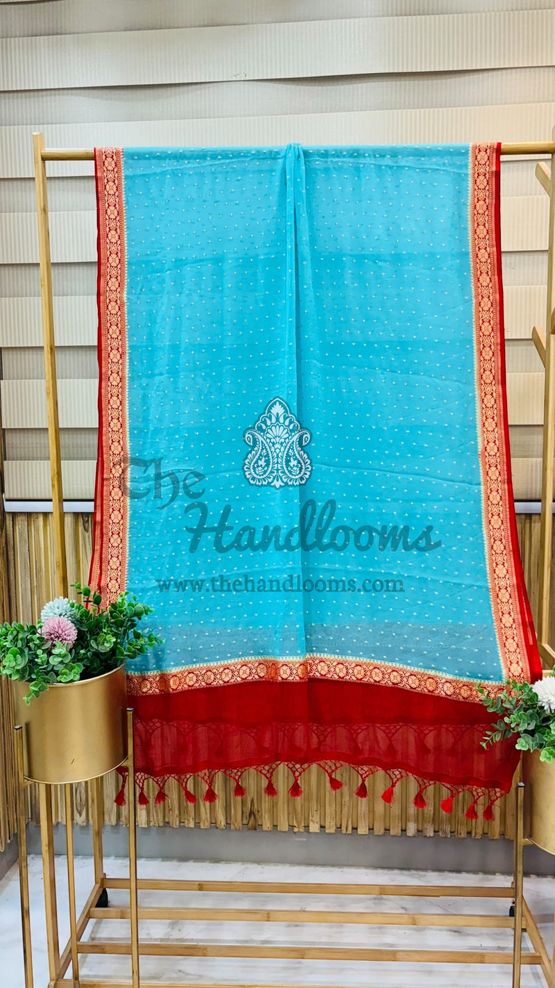 Pure Khaddi Georgette Dupatta - Sky Blue gold zari - The Handlooms
