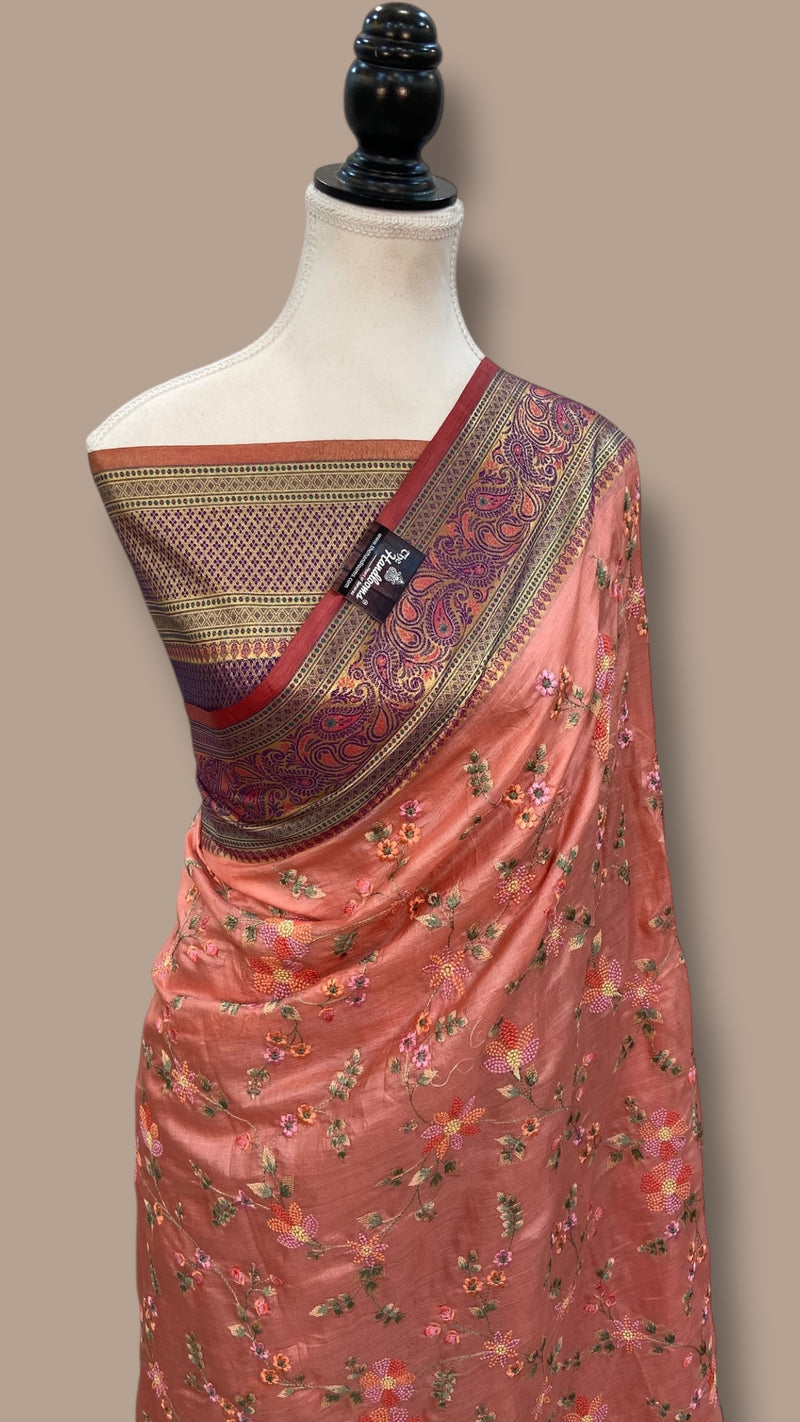 Tussar Silk Handloom Banarasi Saree With Chikankari - The Handlooms