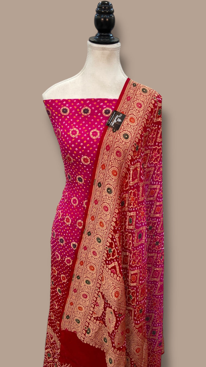 Pure Khaddi Georgette Bandhej Banarasi Dress material With Meenakari - The Handlooms