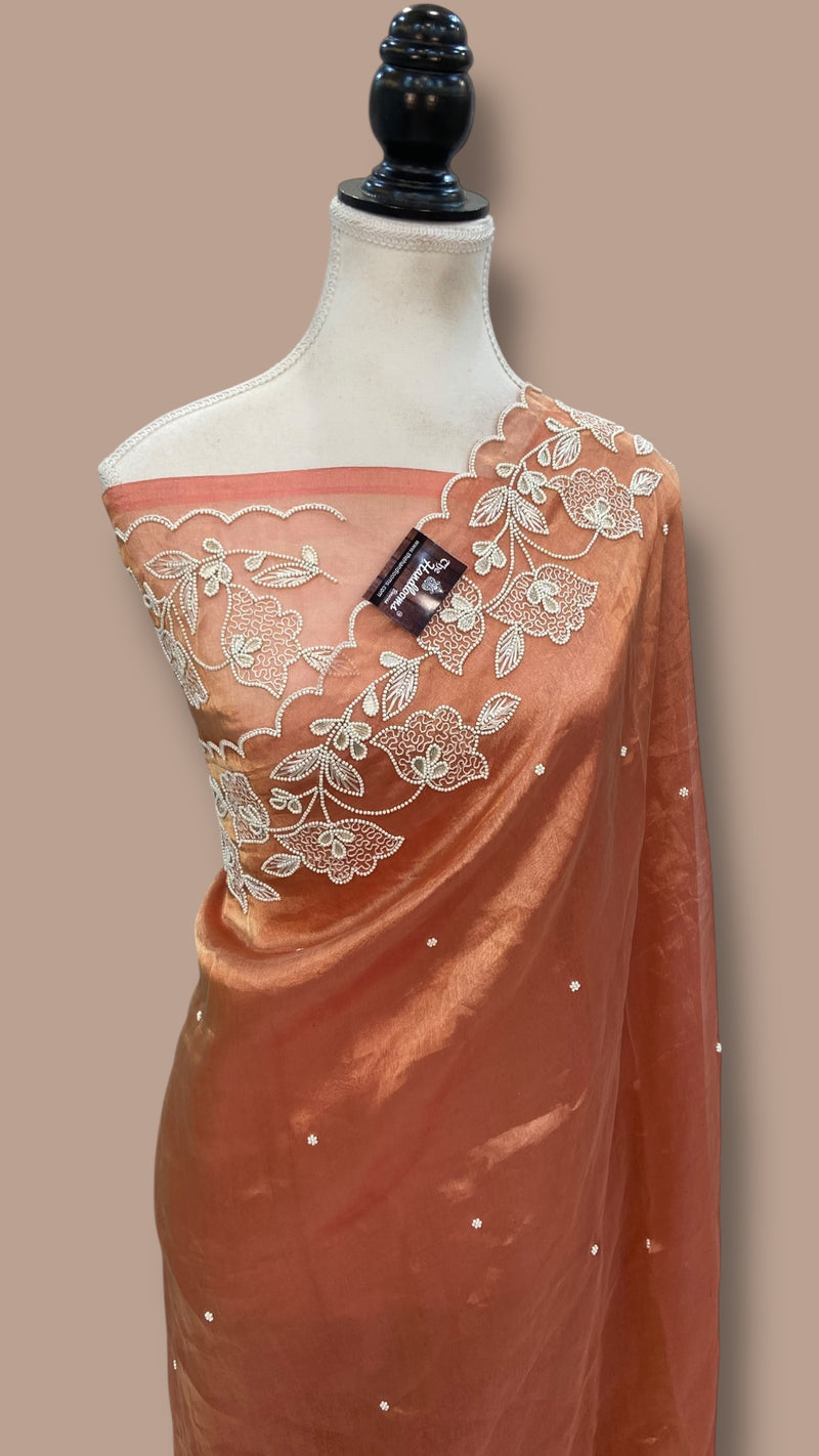 Muted Coral Pure Kora Tissue Handloom Banarasi Saree - Handwork - The Handlooms