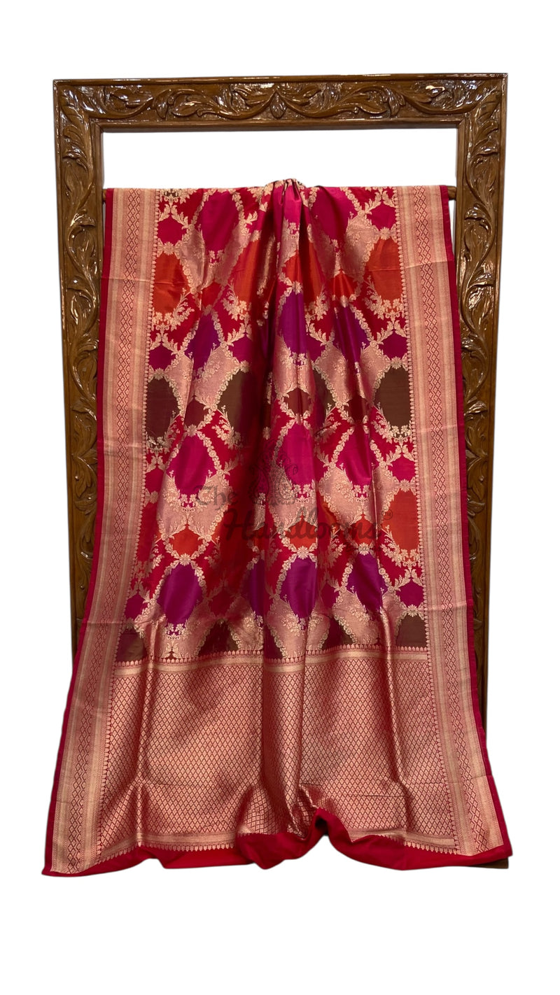 Multicolor Pure Katan Silk Banarasi Handloom Saree - All over Jaal Work With Rangkart - The Handlooms