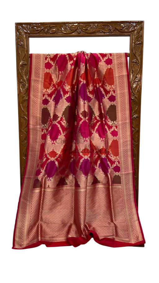 Multicolor Pure Katan Silk Banarasi Handloom Saree - All over Jaal Work With Rangkart - The Handlooms