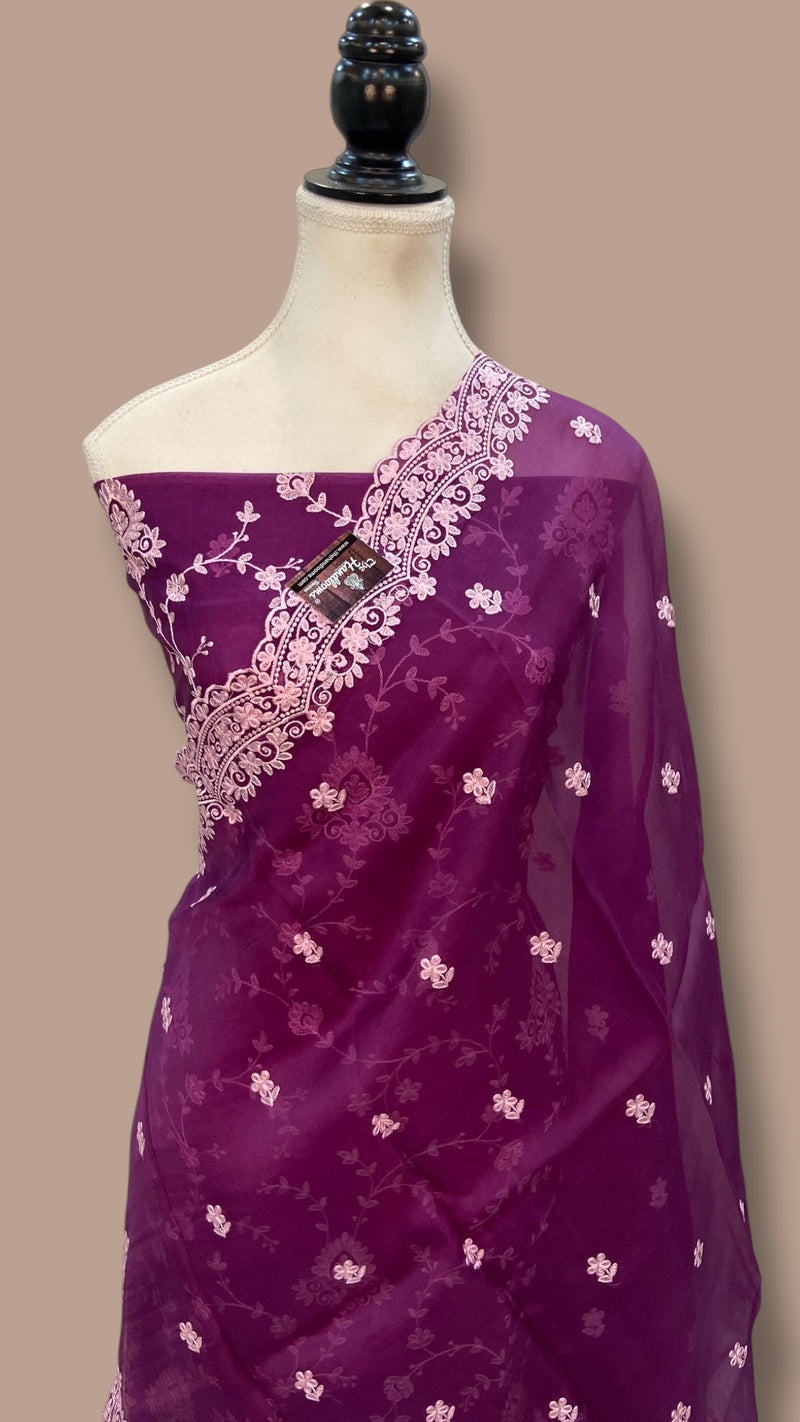 Pure Organza Chikankari Handloom Banarasi Dress Material - The Handlooms