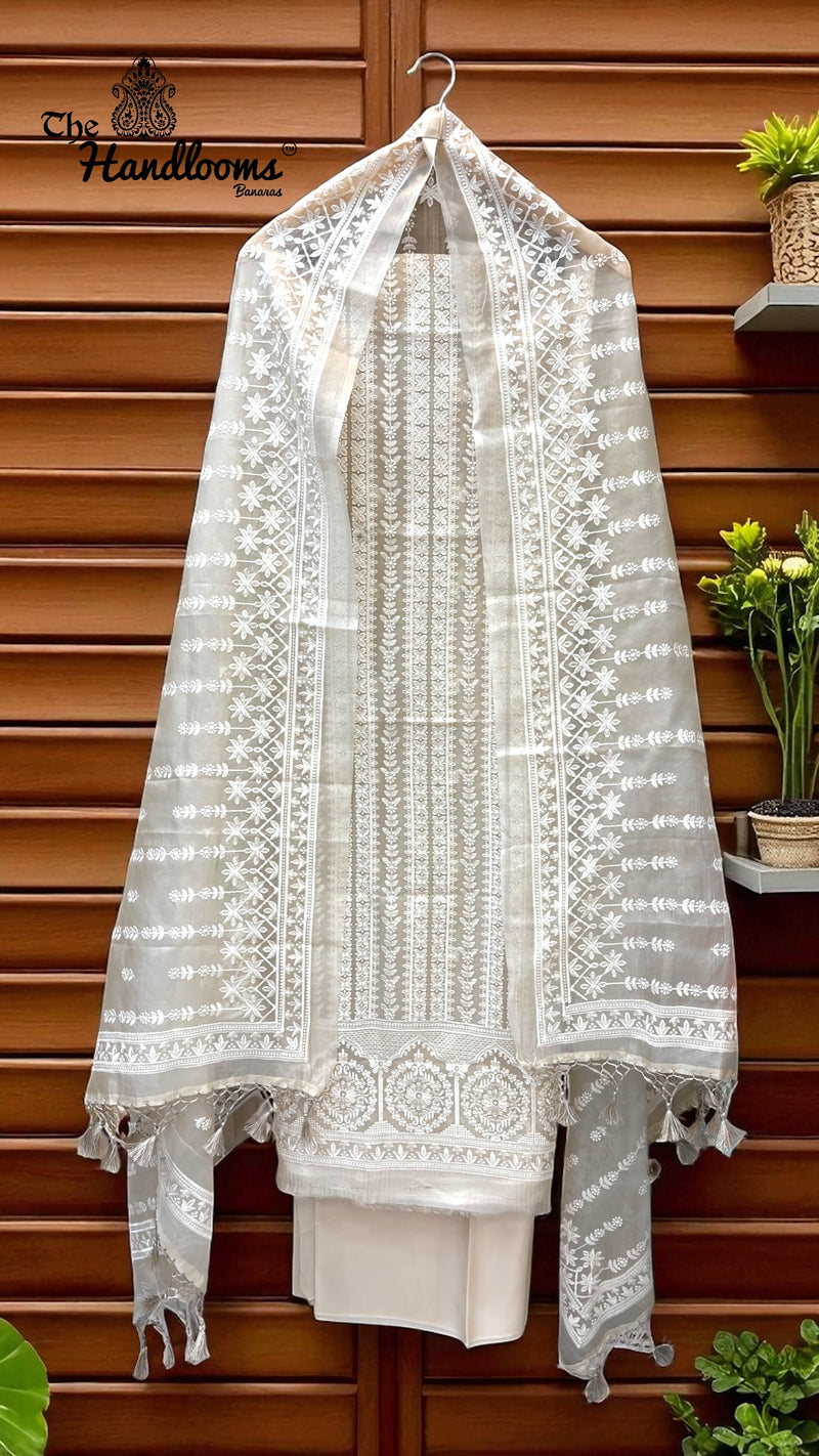 Pure Organza Chikankari Handloom Banarasi Dress Material - The Handlooms