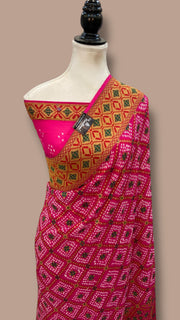 Pure Georgette Banarasi Bandhej Handloom Saree - Meenakari - The Handlooms