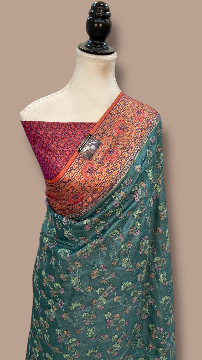 Tussar Silk Handloom Banarasi Saree With Chikankari