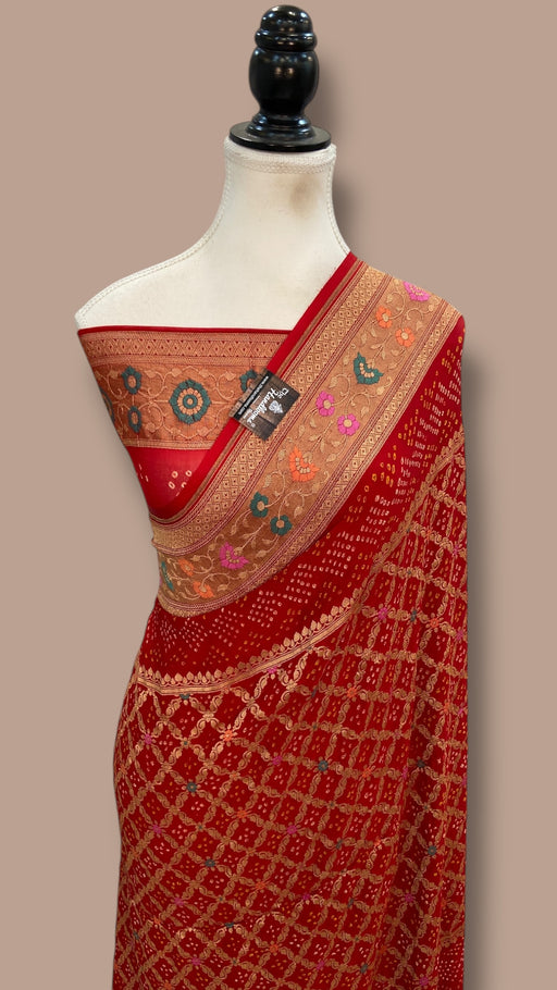 Pure Georgette Banarasi Bandhej Handloom Saree - Meenakari - The Handlooms