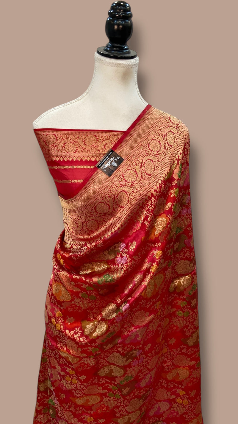 Multicolor Pure Katan Silk Banarasi Handloom Saree - All over Jaal Work With Rangkart - The Handlooms