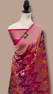 Multicolor Pure Katan Silk Banarasi Handloom Saree - All over Jaal Work With Rangkart - The Handlooms