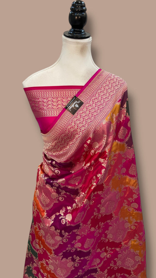 Multicolor Pure Katan Silk Banarasi Handloom Saree - All over Jaal Work With Rangkart - The Handlooms