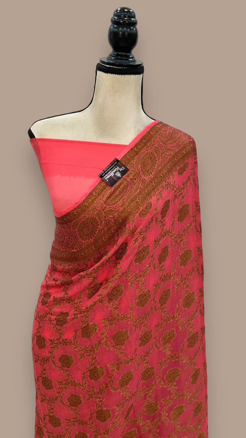 Strawberry Pure Chiffon Khaddi Banarasi Saree - The Handlooms