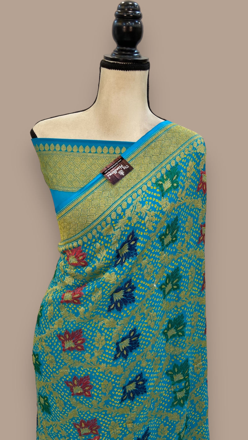 Pure Georgette Banarasi Bandhej Handloom Saree - with meenakari work - The Handlooms