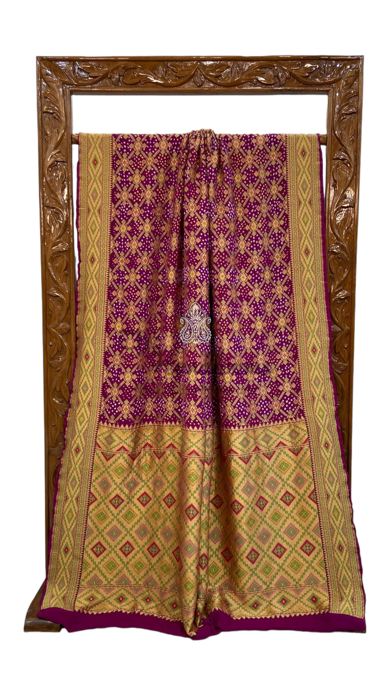Pure Georgette Banarasi Bandhej Handloom Saree - with meenakari work - The Handlooms