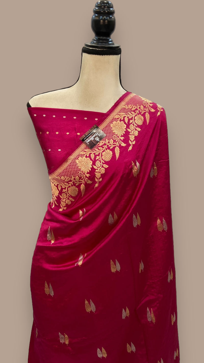 Dark Pink Pure Katan Silk Banarasi Handloom Saree - All over Kadua motifs - The Handlooms