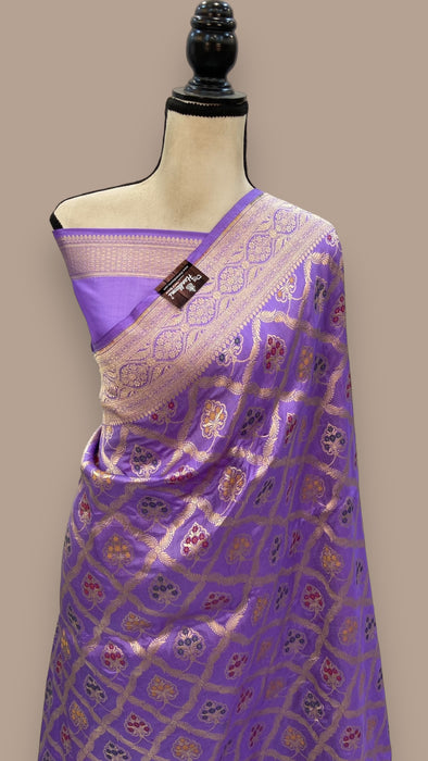 Lavender Pure Katan Silk Banarasi Handloom Saree - All over Jaal work - With Meenakari