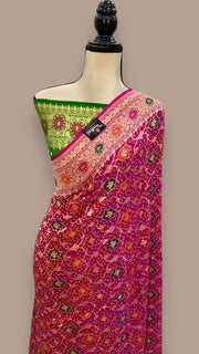 Pure Georgette Banarasi Bandhej Handloom Saree - with meenakari work - The Handlooms