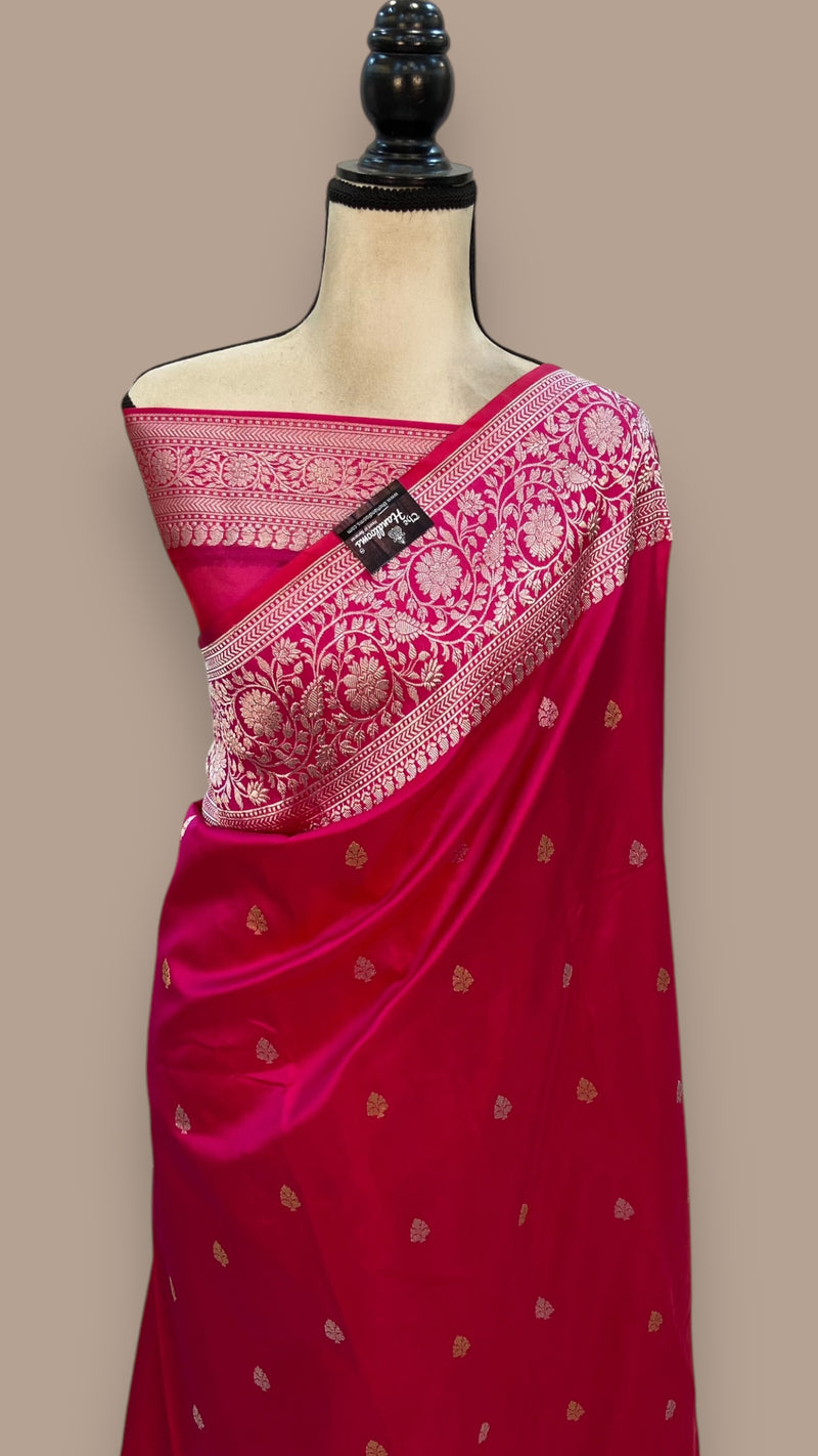 Hot Pink Pure Katan Silk Banarasi Handloom Saree - All over Kadua motifs - The Handlooms