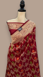 Maroon Pure Katan Silk Banarasi Handloom Saree - All over Jaal work - With Meenakari - The Handlooms