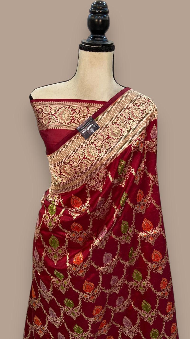 Maroon Pure Katan Silk Banarasi Handloom Saree - All over Jaal work - With Meenakari - The Handlooms