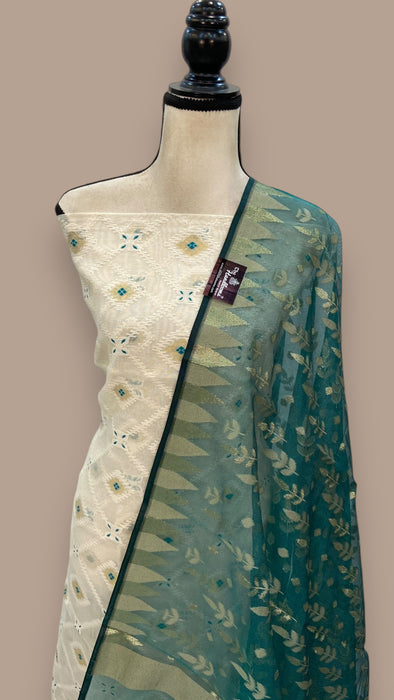 Pure Chanderi Cotton Banarasi Dress material - Chikankari With Organza Dupatta