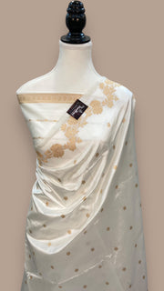 White Pure Katan Silk Banarasi Handloom Saree - All over Kadua motifs - The Handlooms