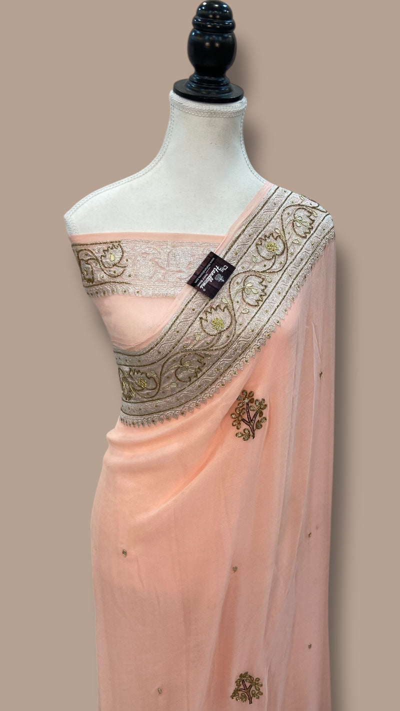 Pure Georgette Handloom Banarasi Saree with Handwork: Gota Patti, Zardozi, Diamond Chain, Katdana, and Abla Detailing - The Handlooms