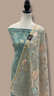 Pure Chanderi Cotton Banarasi Dress material - Chikankari With Organza Dupatta - The Handlooms