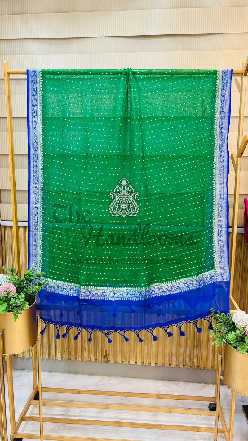 Pure Khaddi Georgette Dupatta - Green silver zari - The Handlooms