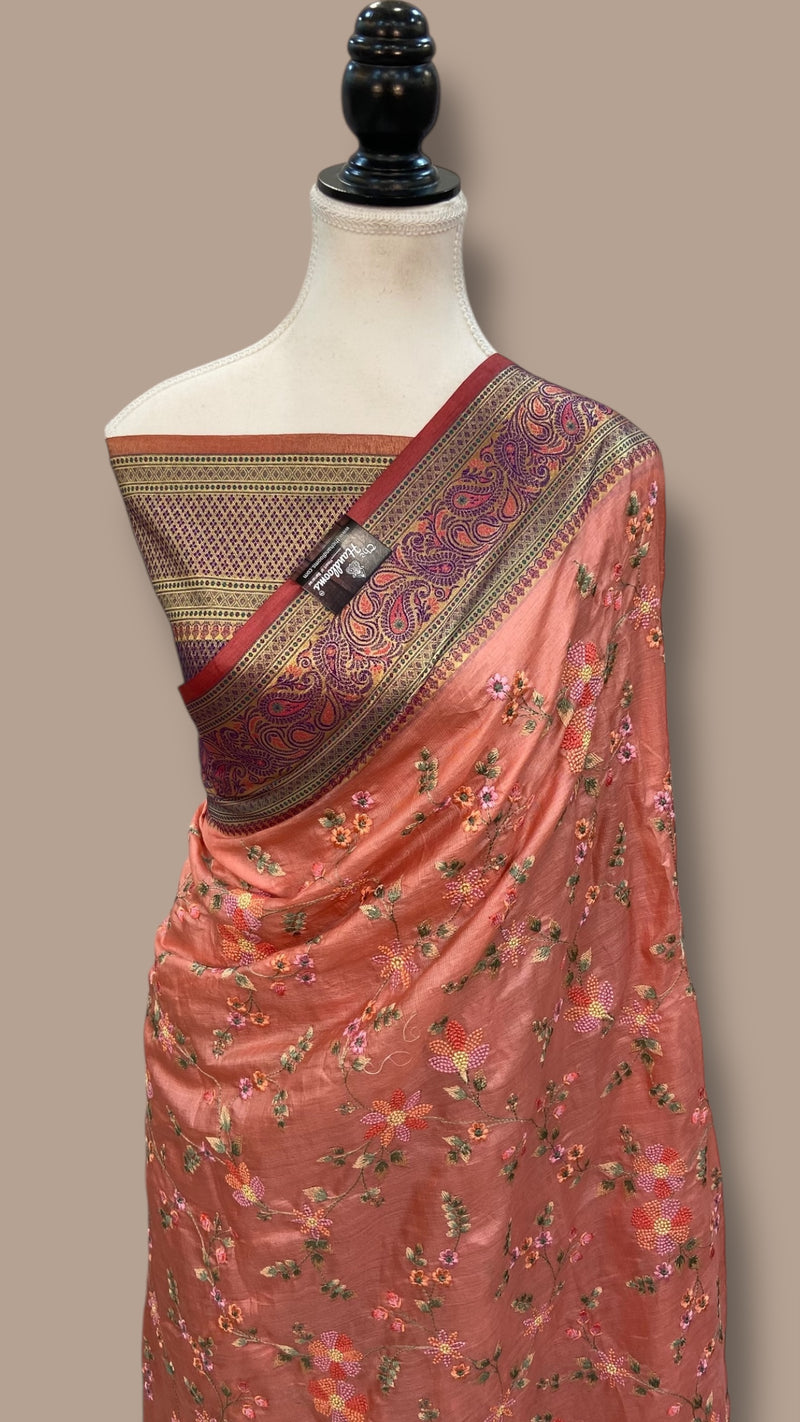 Tussar Silk Handloom Banarasi Saree With Chikankari - The Handlooms