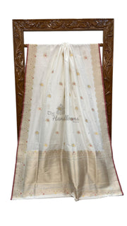 White Pure Katan Silk Banarasi Handloom Saree - All over Kadua motifs With Meenakari - The Handlooms