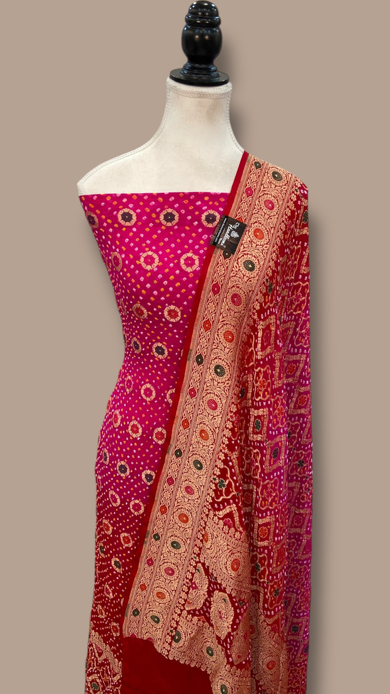 Pure Khaddi Georgette Bandhej Banarasi Dress material With Meenakari - The Handlooms