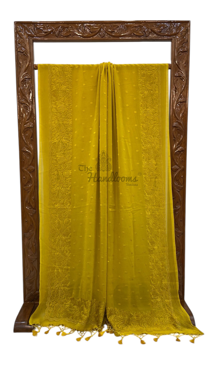 Pure Georgette Chikankari Handloom Banarasi Saree - The Handlooms