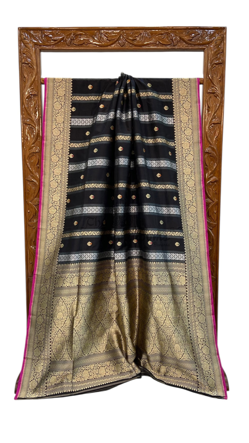 Pure Katan Silk Banarasi Handloom Saree - All over soona roopa Kadua stripe - The Handlooms
