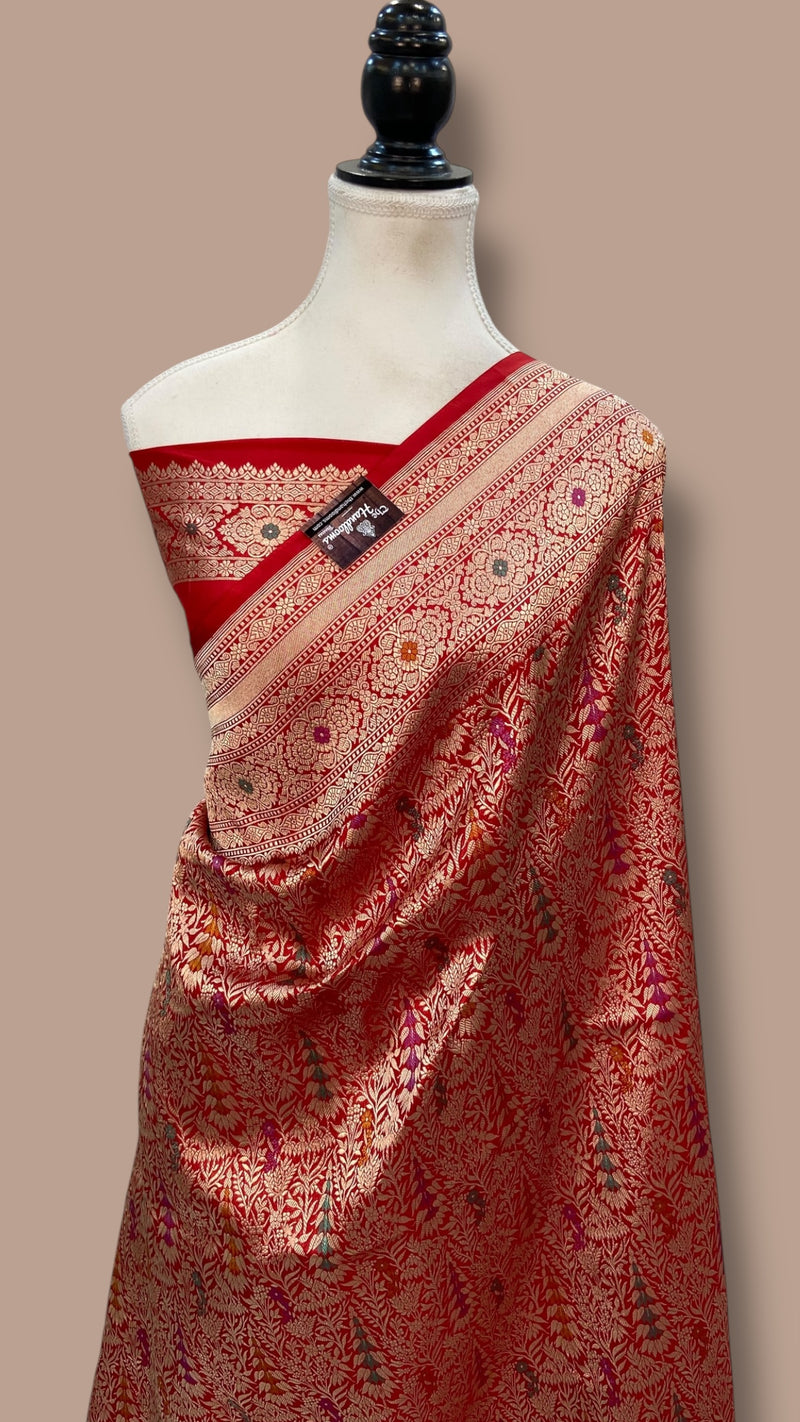 Regal Pure Katan Silk Banarasi Saree – Handwoven Tanchui Brocade with Meenakari Work - The Handlooms