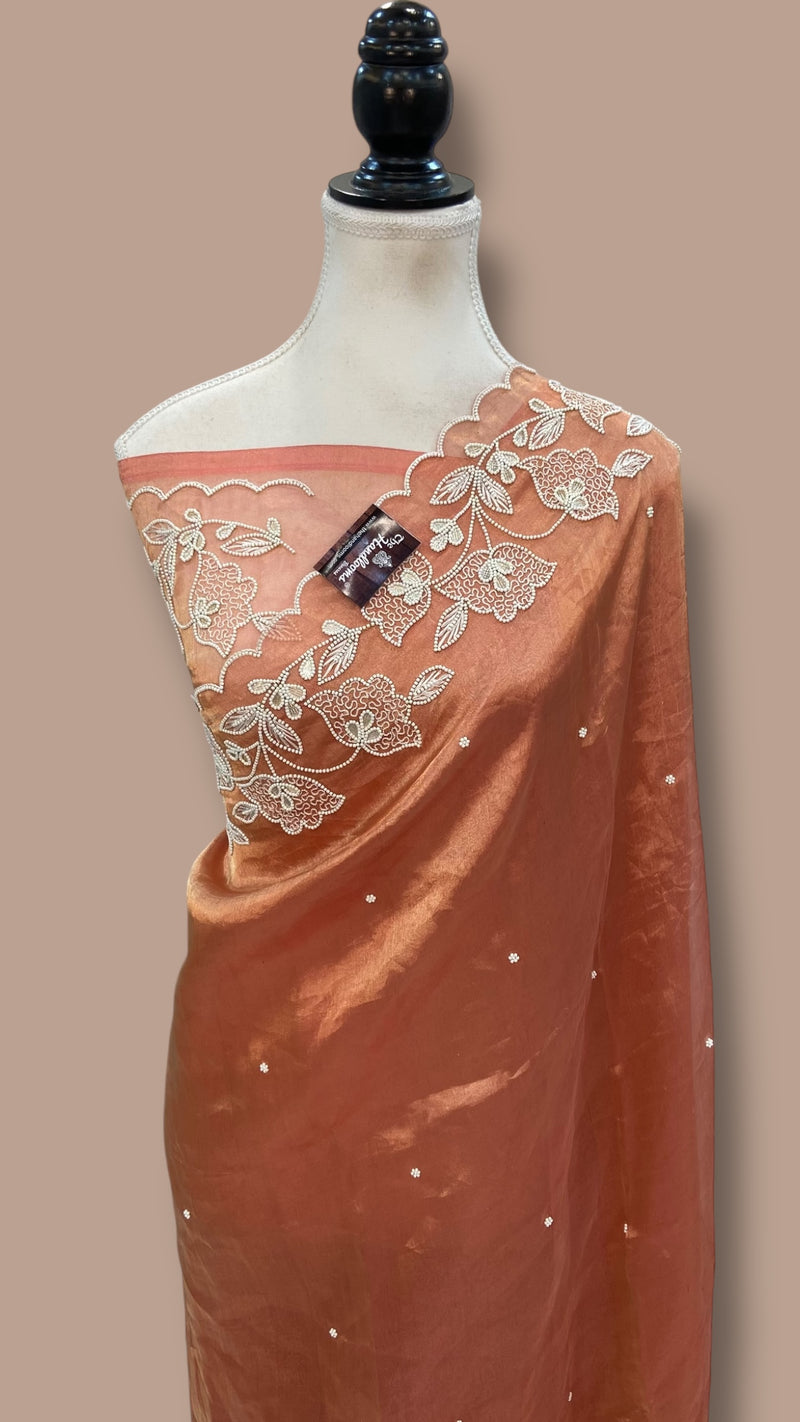 Muted Coral Pure Kora Tissue Handloom Banarasi Saree - Handwork - The Handlooms