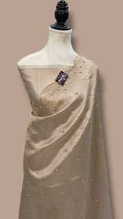 Light Gray Pure Kora Tissue Handloom Banarasi Saree - Handwork - The Handlooms