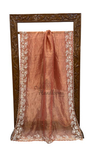 Muted Coral Pure Kora Tissue Handloom Banarasi Saree - Handwork - The Handlooms
