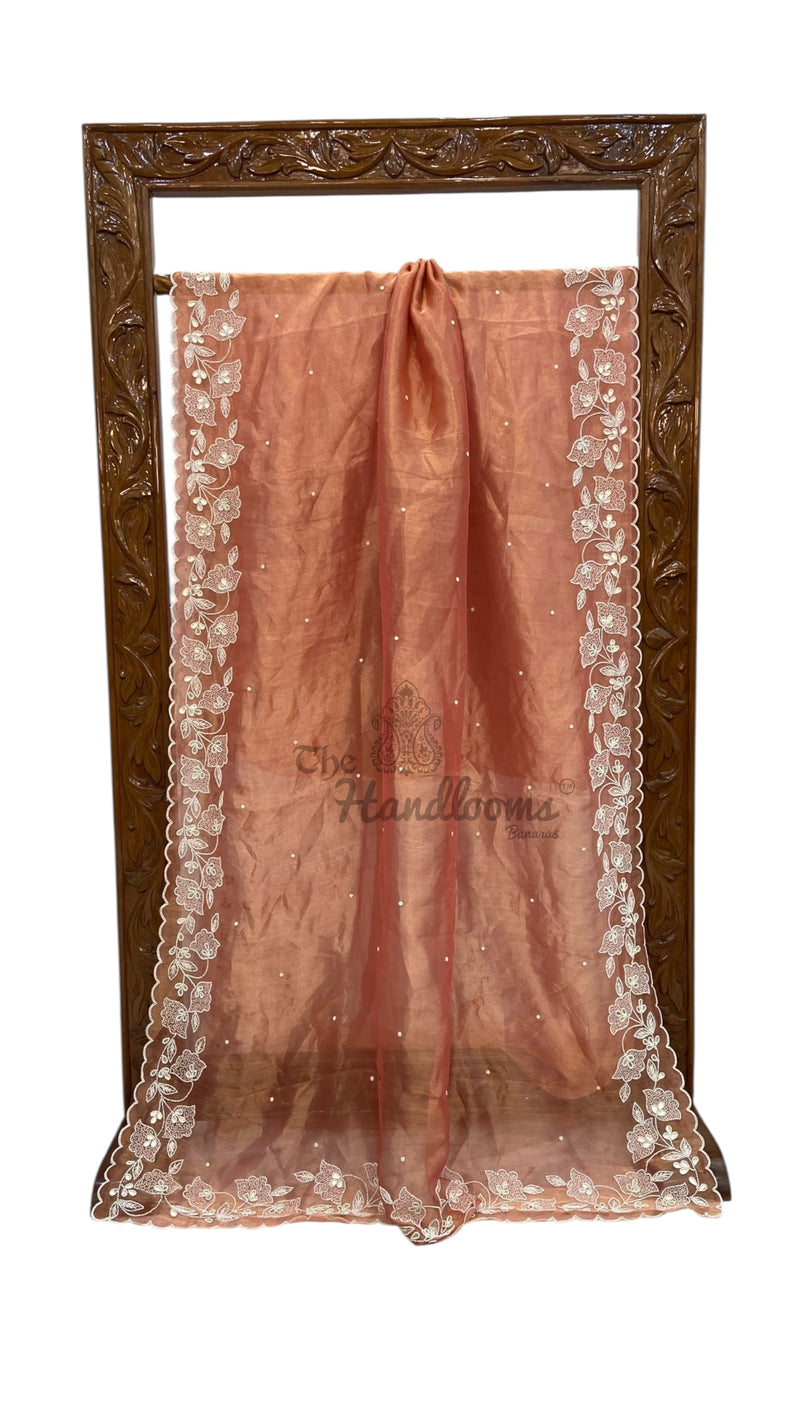 Muted Coral Pure Kora Tissue Handloom Banarasi Saree - Handwork - The Handlooms