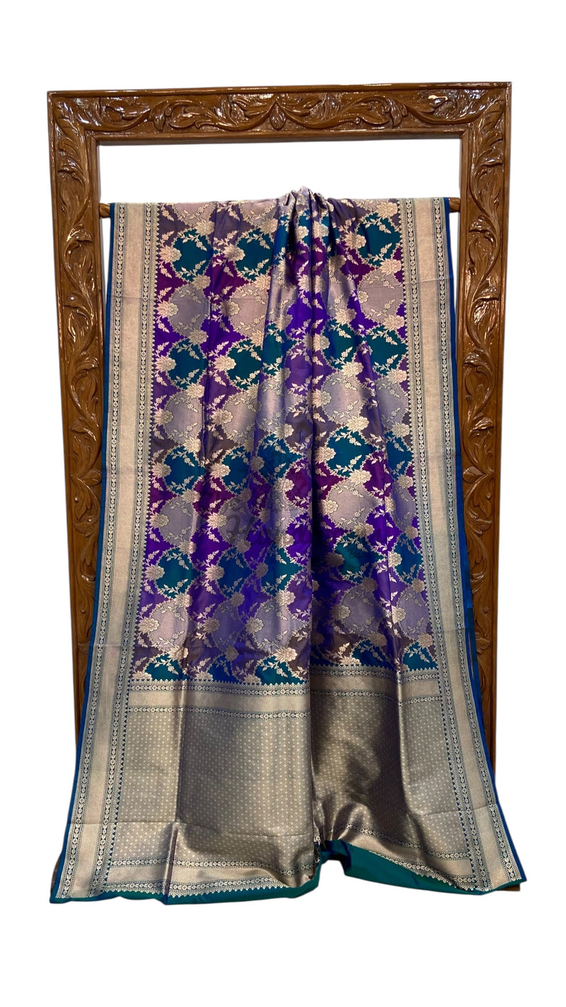Multicolor Pure Katan Silk Banarasi Handloom Saree - All over Jaal Work With Rangkart - The Handlooms