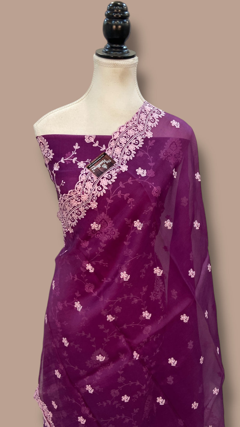 Pure Organza Chikankari Handloom Banarasi Dress Material - The Handlooms