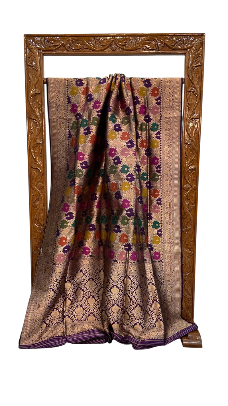 Multicolor Pure Katan Silk Banarasi Handloom Saree - All over Jaal Work With Rangkart - The Handlooms