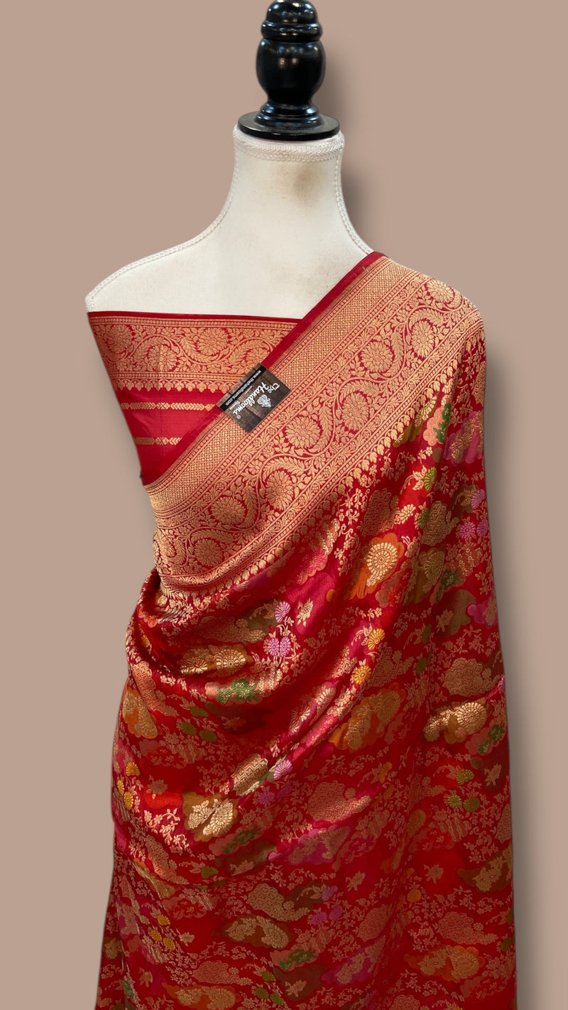 Multicolor Pure Katan Silk Banarasi Handloom Saree - All over Jaal Work With Rangkart - The Handlooms