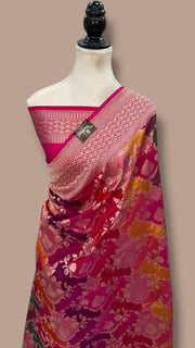 Multicolor Pure Katan Silk Banarasi Handloom Saree - All over Jaal Work With Rangkart - The Handlooms