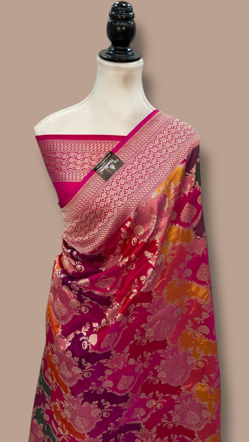 Multicolor Pure Katan Silk Banarasi Handloom Saree - All over Jaal Work With Rangkart - The Handlooms
